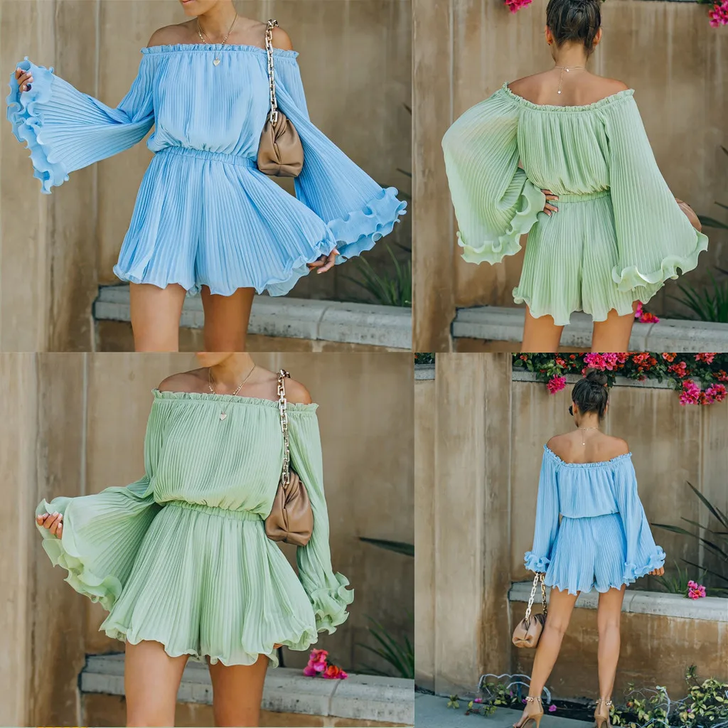 

Ruffled one-line shoulder ruffled rompers, solid color, new summer