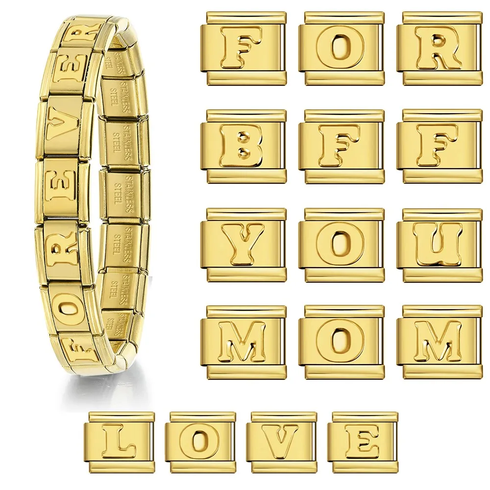 9mm Wholesale Gold Color English Concave Letter alphabet Charm Stainless Steel Italian Bracelet Name DIY Making Jewelry Gift