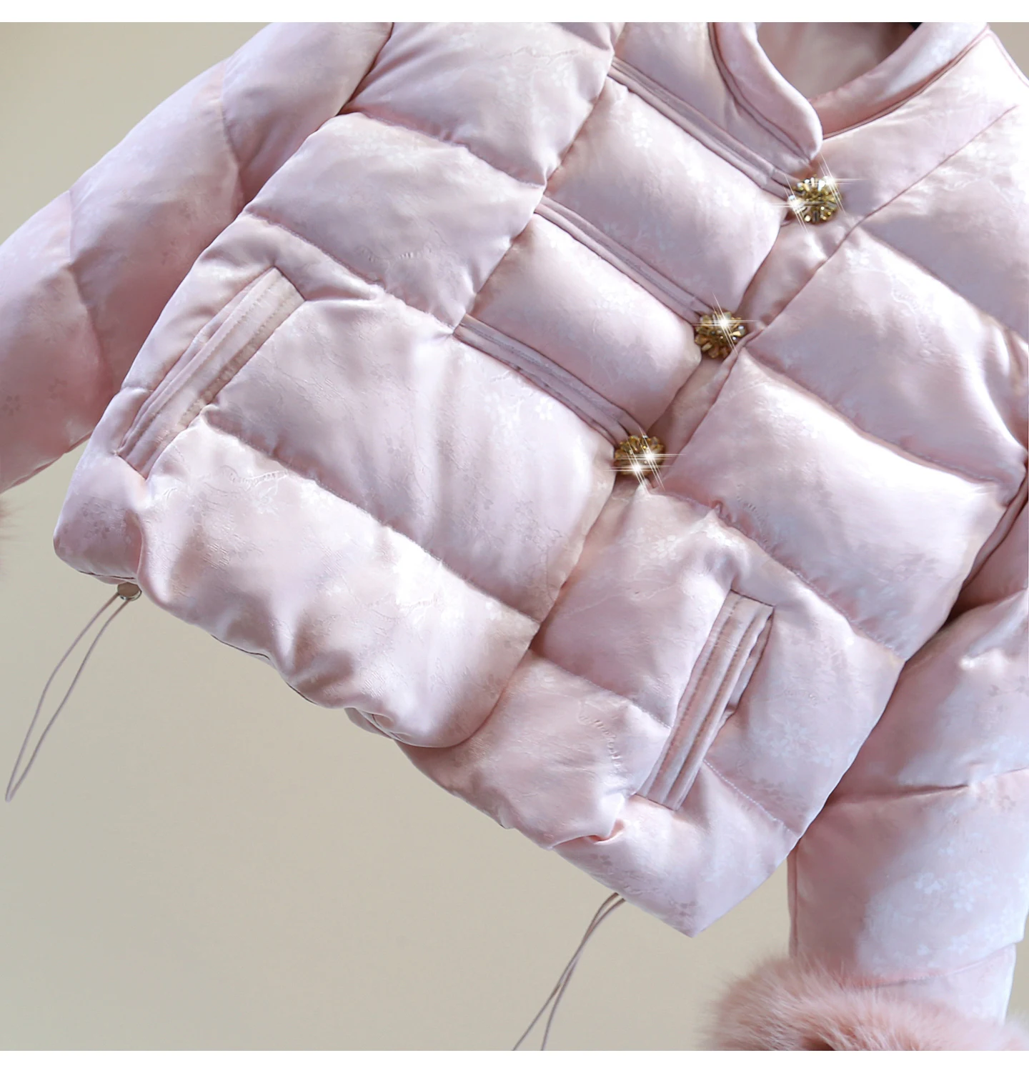 Nouveau Style chinois Jacquard cordon taille Cinch doudoune 2025 automne hiver détachable grande fourrure strass épaissi manteau