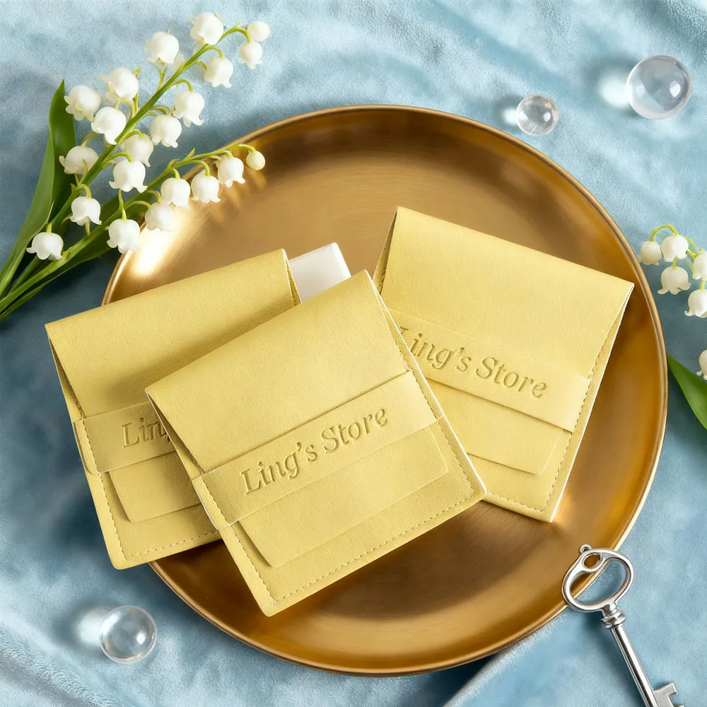 

50/100Pcs Custom Logo Lovely Yellow PU Leather 8x8cm Jewelry Gift Bag Ring Earring Bracelet Pendant Bracelet Envelope Flap Pouch
