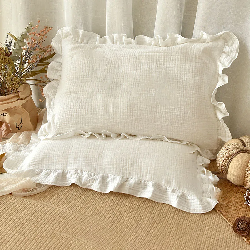 Double-layer Gauze Cotton Ruffled Pillow Case Decorative Sofa Cushions Covers Soft Breathable Fabric for Bedroom Home Decoration