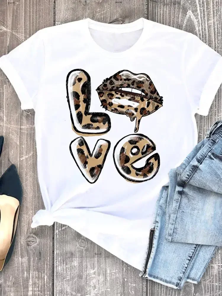 

Women's T-shirt Casual Sleeve Regular Style Female Pattern Top Clothing Summer Leopard Print Heart Shape Sweet Fashion Aesthetic
