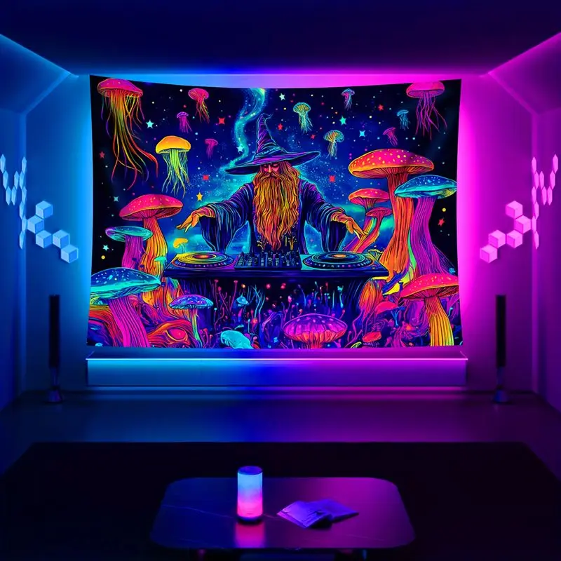 VIKAMA DJ Magic Wizard Rainbow Mushroom Jellyfish Starry Tapestry, Electronic Wall Art for Bedroom Living Room