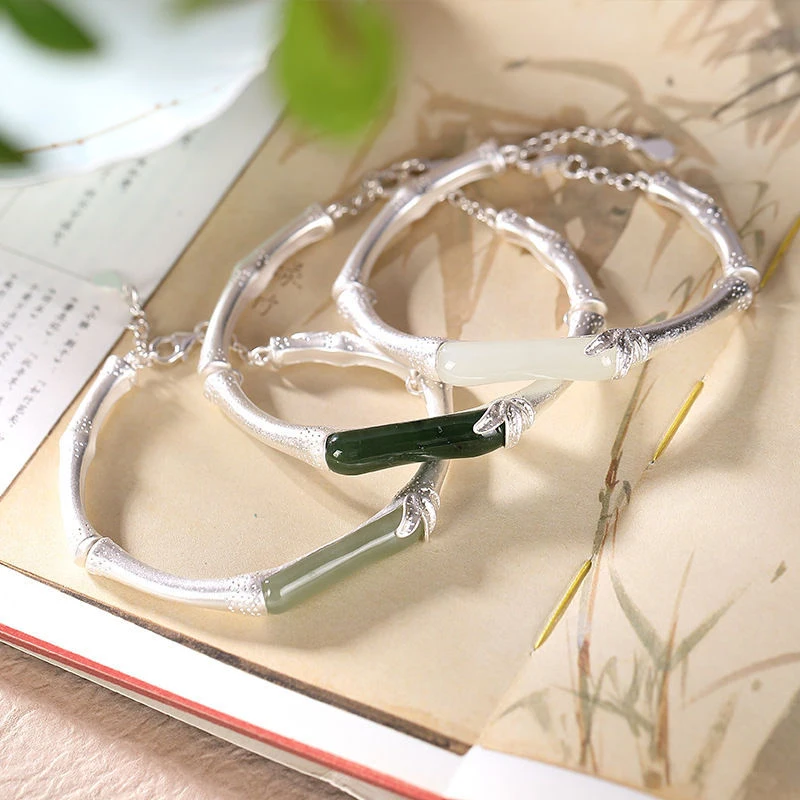 

925 Sterling Silver Bamboo Joint Hotan Jade Bangle for Women Girl Classical Party Gift White Moonstone Bracelet Fine Jewelry