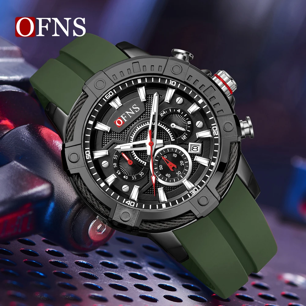 

OFNS, новинка 8037, модные мужские кварцевые часы с тремя глазами и шестью булавками, водонепроницаемые мужские часы с ночником