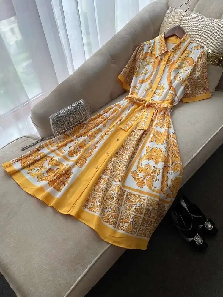 Summer Holiday giallo bianco porcellana stampa camicia dorata abito donna manica corta perle bottoni cintura stringata Midi Party Robe