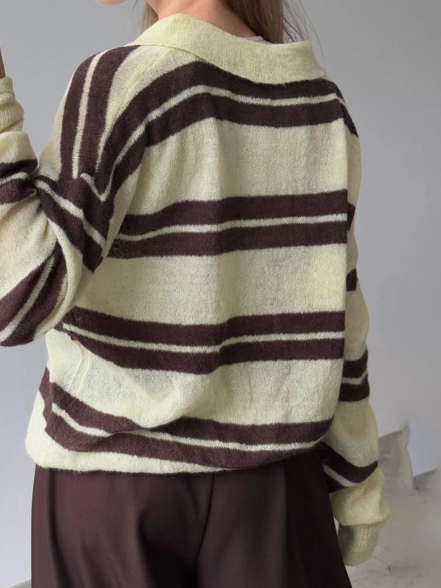 خمر مخطط محبوك كم طويل تي شيرت المرأة أزرار ترتيب الأسرة طوق سترة تي شيرت الخريف جديد فضفاض قمة الموضة غير رسمية