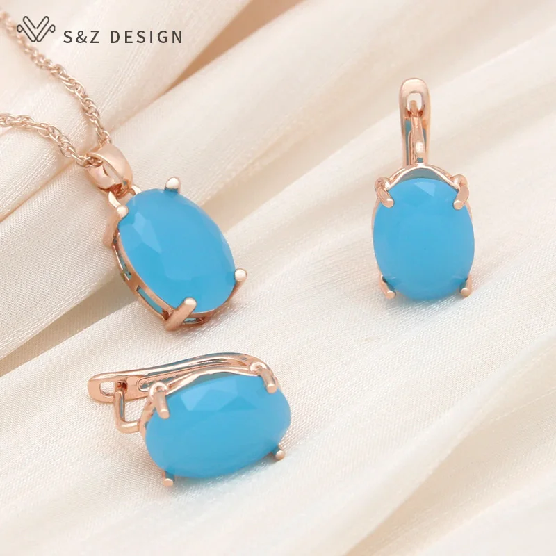 S&Z DESIGN New Oval Egg Shape Crystal Rose Gold Color Dangle Earrings Jewelry Sets For Women Wedding Fashion Pendant Necklace