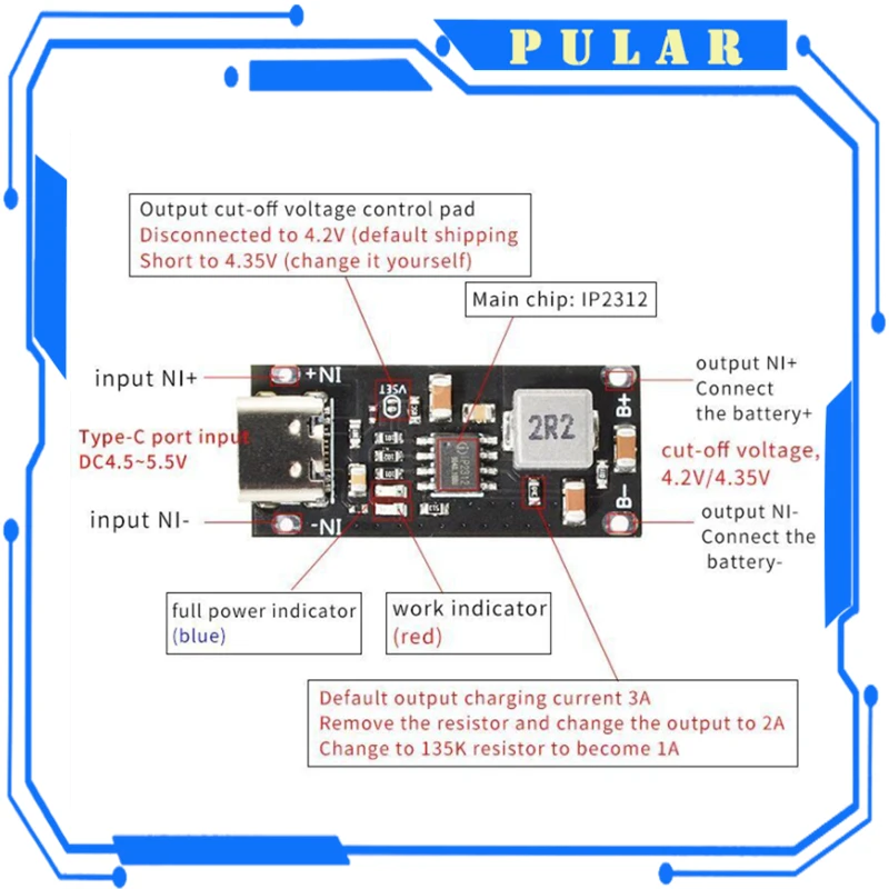 Type-C USB Input High Current 3A Polymer Ternary Lithium Battery Quick Fast Charging Board PLR IP2312 CC/CV Mode 5V To 4.2V