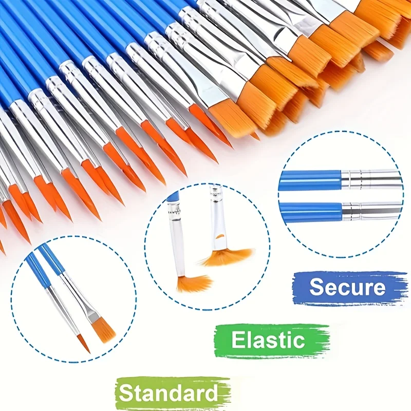 200pcs Professional Acrylic/Watercolor Brush Set - Flat And Round Brushes, Synthetic Nylon Bristles, Reinforced Copper Ferrules