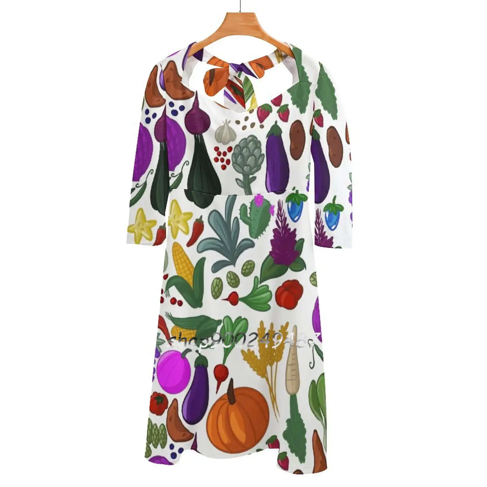 

Welcome To The Valley Square Neck Dress Sweet Summer Dress Women Elegant Halter Print Dress Stardew Fruit Vegetable Veggies