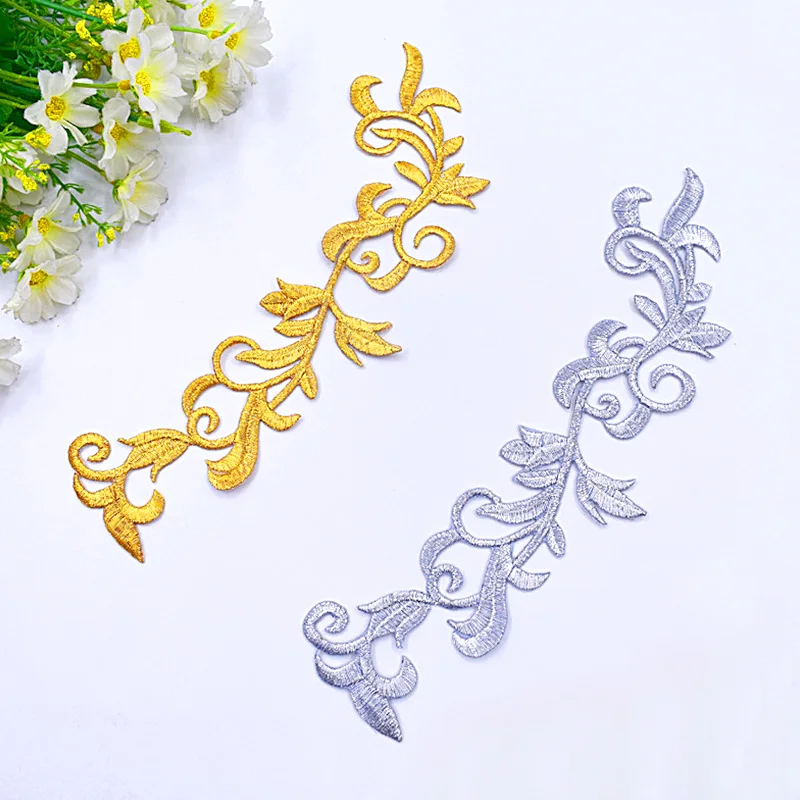 Gold Silver Embroidered Patches Fashion Lace Flower Appliques Iron Sew On Patch For Vintage Costumes Clothes Fabric Dress Decor