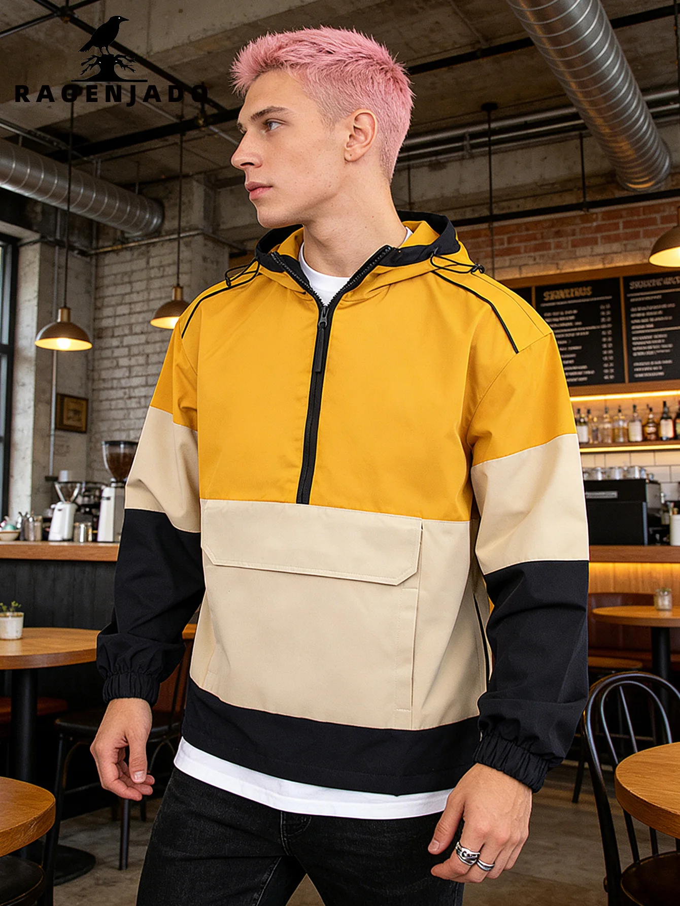 

Men's Sports Jacket Half-open Collar Hooded Coat Lightweight Spring/Autumn Jacket Color-Blocked Breathable Outdoor Sporty Unisex