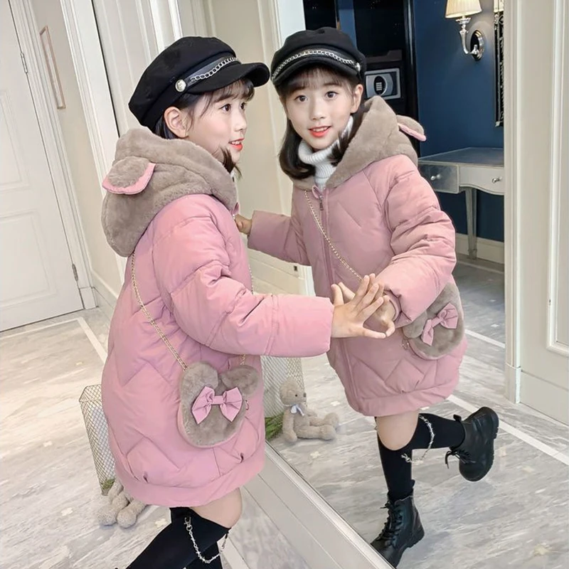 6 8 10 12 14 Years Big Girls Coat Plus Velvet Warm Winter Jacket For Girl Fashion Hooded Long Parkas Children Outerwear Clothing