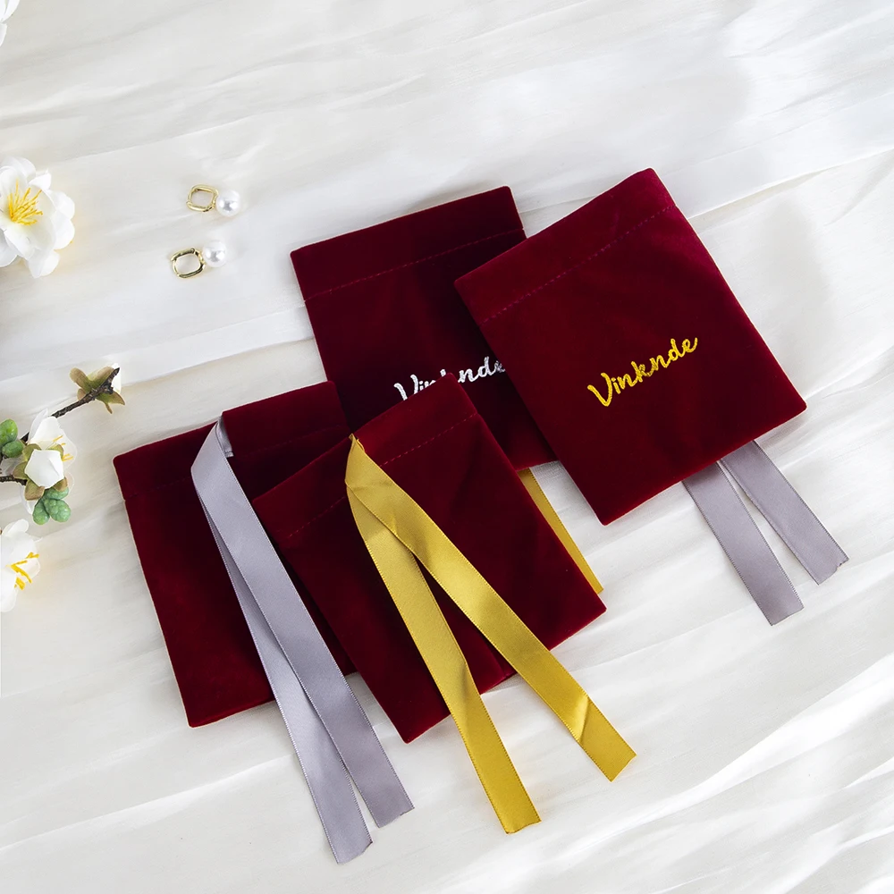 Custom Logo Luxurious Maroon Velvet Drawstring Pouches with Elegant Graceful Silver Gold Ribbon Bows Exquisite Jewelry Packaging