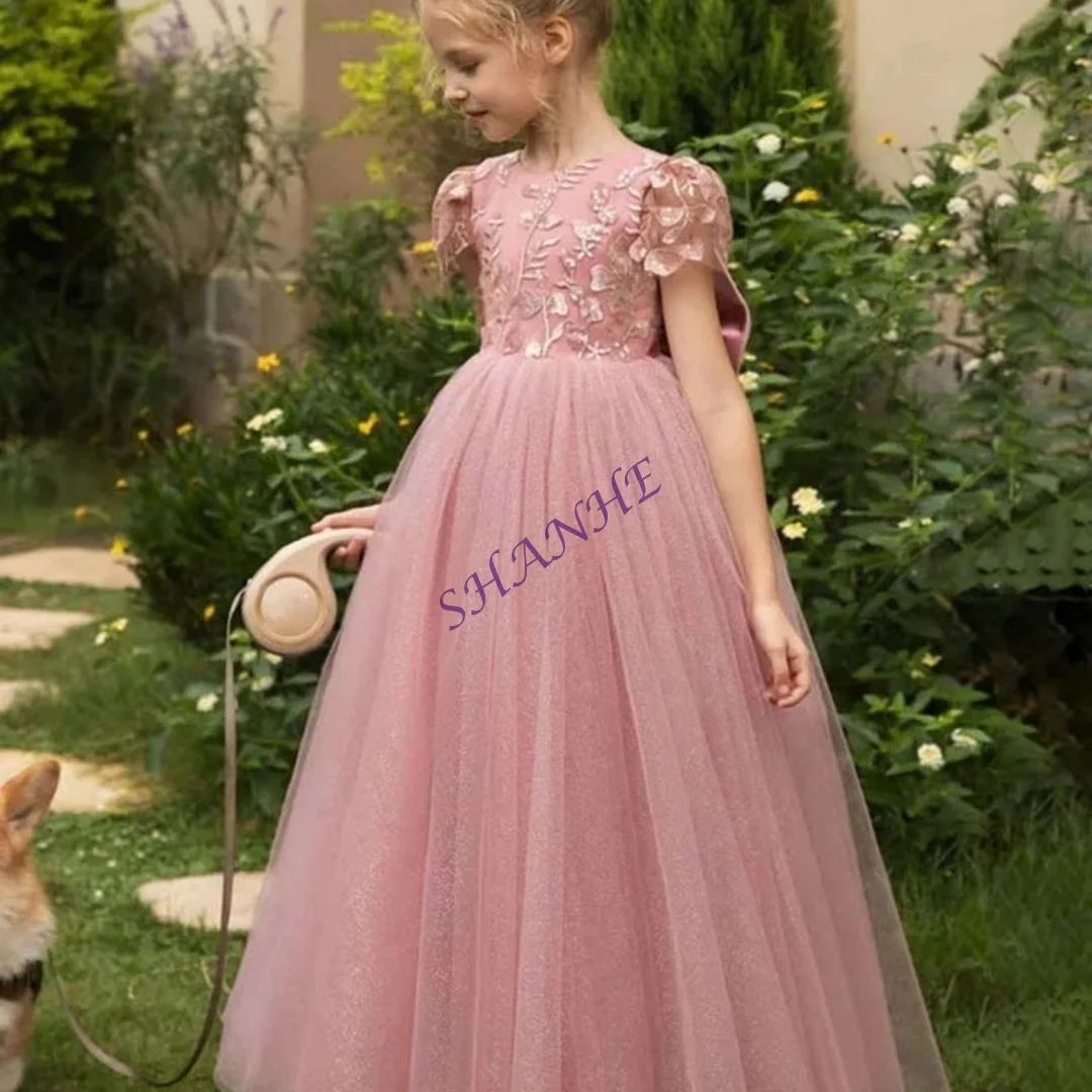 رشيقة الفتيات الكاحل طول الدانتيل فستان الأميرة مع القوس جولة الرقبة قصيرة الأكمام الزفاف زهرة فتاة فستان مخصص الاسمية مخصصة #5