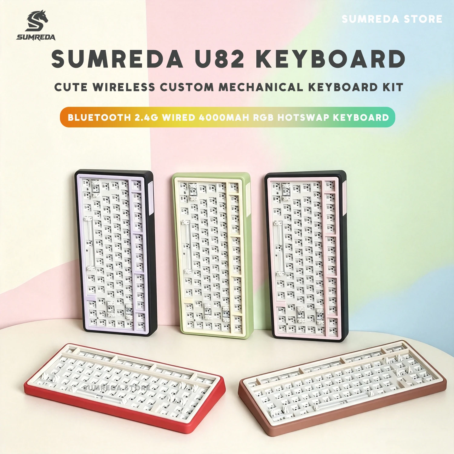 SUMREDA UR82 Pink Cute Fresh Gaming Custom Wireless Mechanical Keyboard Kit 75% BT 2.4G Wired Gasket RGB Hotswap Gamer Keyboard