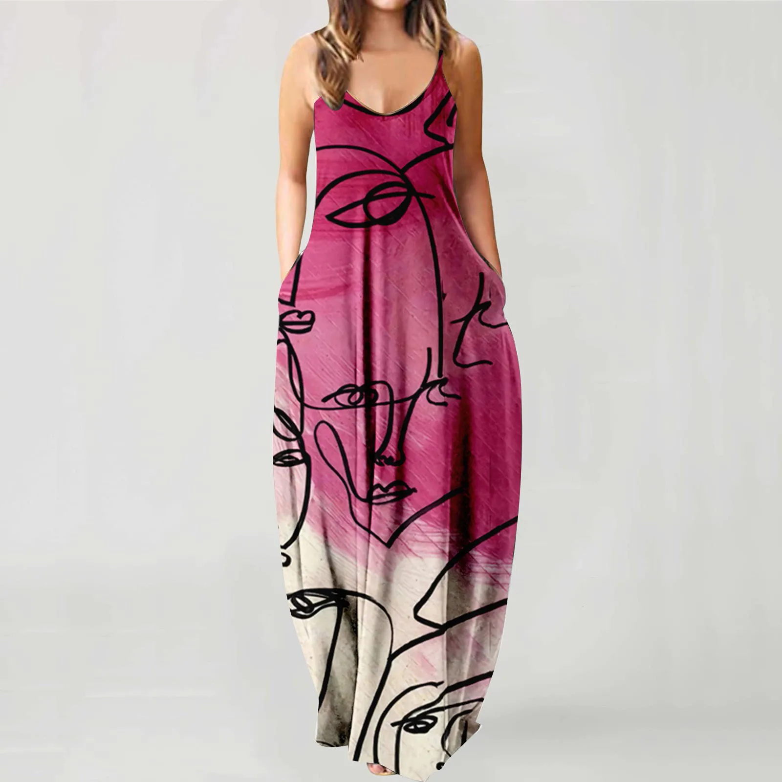 Pregnant Women\'s Summer Strapless Long Dress With Abstract Face Digital Print  Stylish  Comfortable For Streetwear Breathable