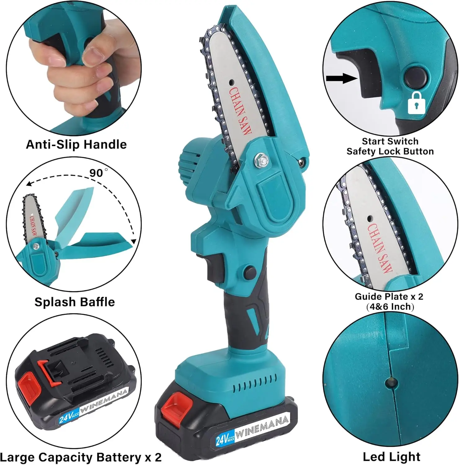 Winemana Mini Chainsaw 4 & 6 Inch With 2 Battery, Cordless Battery Powered Electric Chainsaw, Powerful Handheld Small Chain