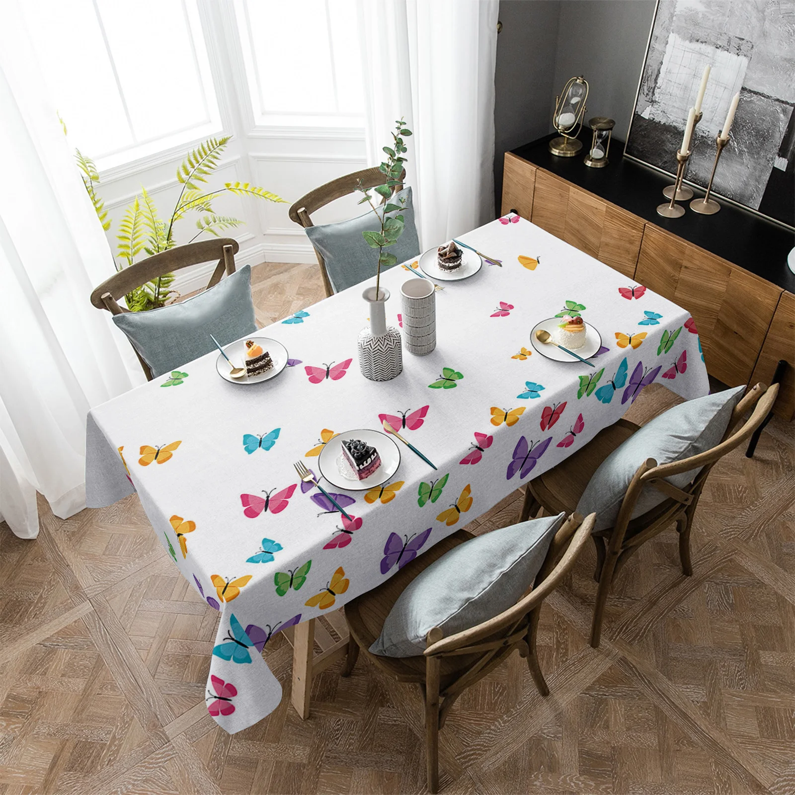 

Colorful Butterfly White Waterproof Tablecloth Party Decorations Supplies Rectangle Table Cloth for Kitchen Table Decor