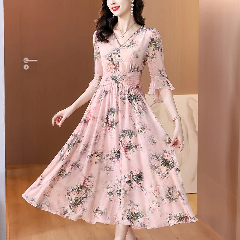 Women Boho Pink Floral Silk Midi Dress Spring Summer Short Sleeve Bodycon New in Dress 2025 Korean Fashion Elegant Party Dress