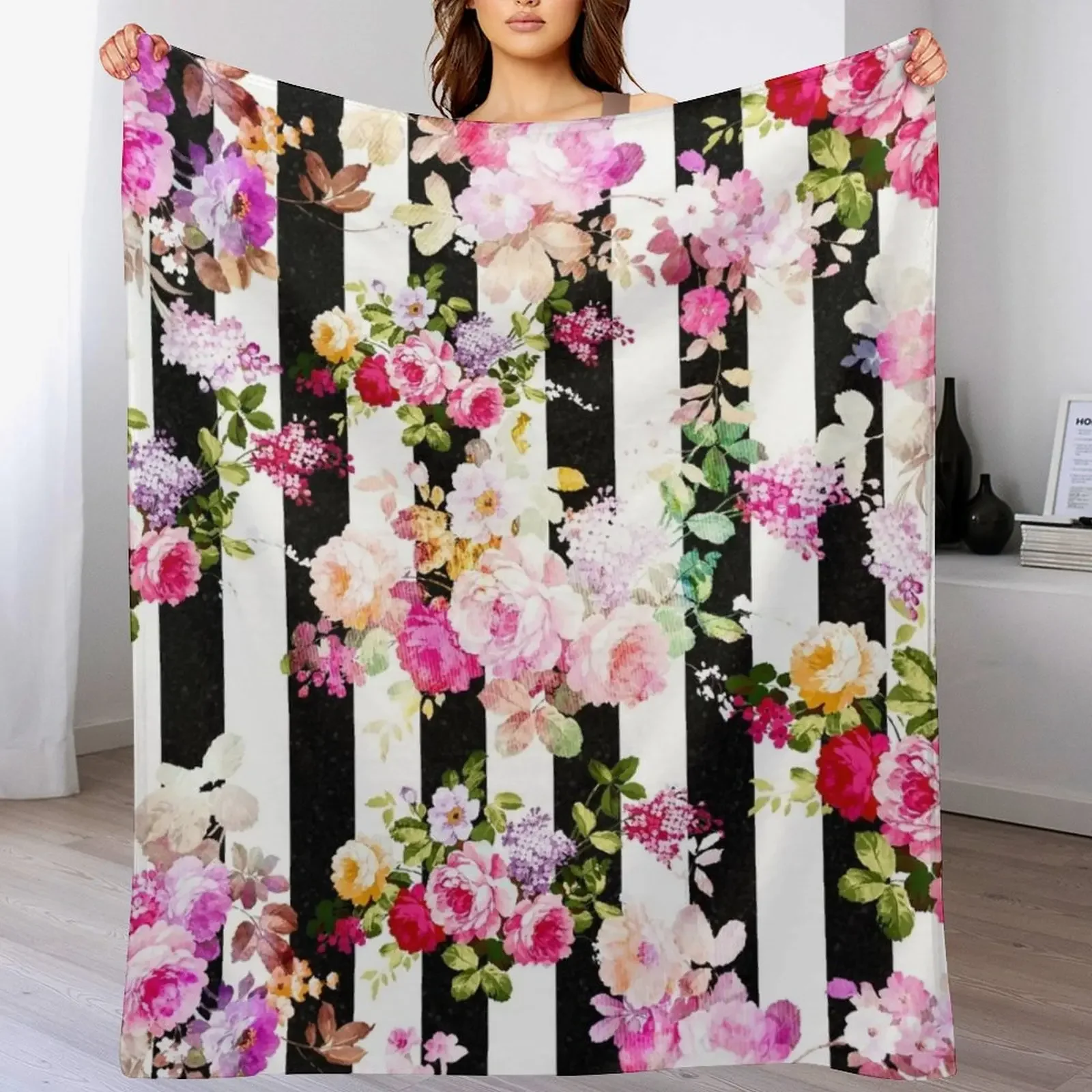 Black and white stripes bright pink roses floral Throw Blanket Travel Size Cozy Blanket for Plane Train