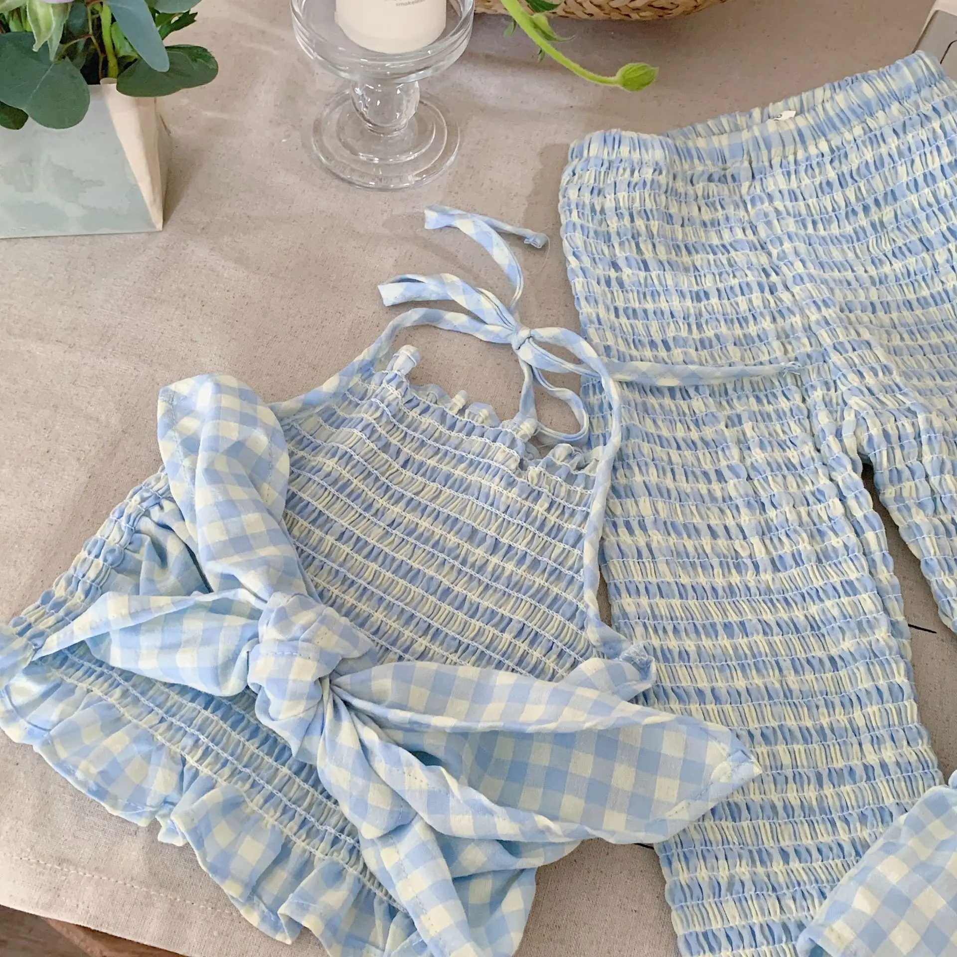 Summer 2-6 Year Baby Girls 2PCS Clothes Set Sleeveless Blue Solid Color Sling Elastic Waist Cotton Pants Suit Children Outfits