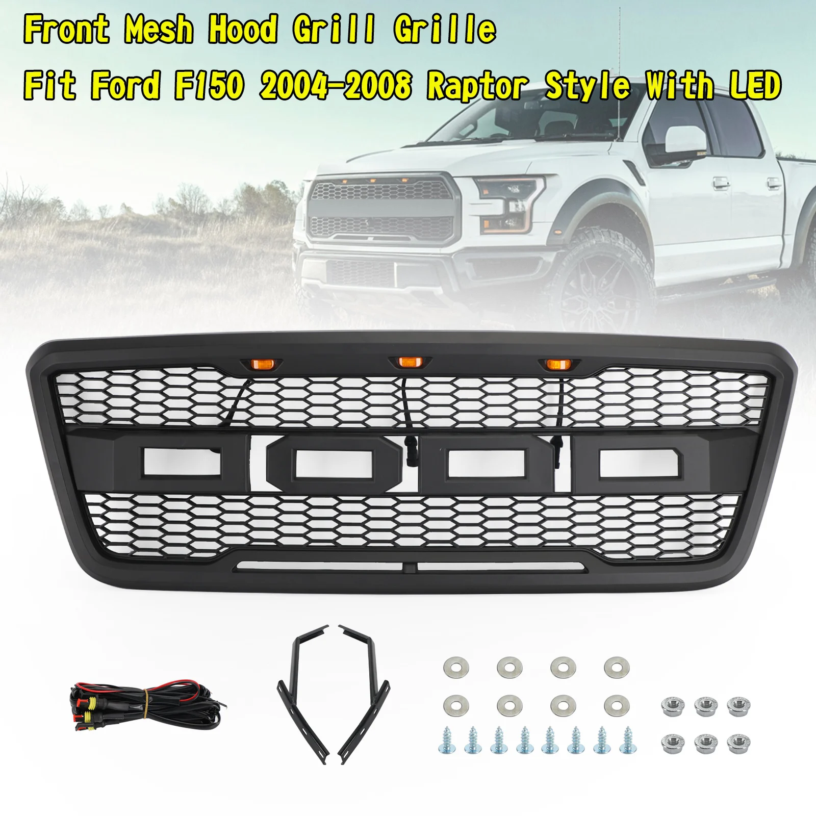 Artudatech Front Mesh Hood Grill Grille Fit Ford F150 2004-2008 Raptor Style With LED