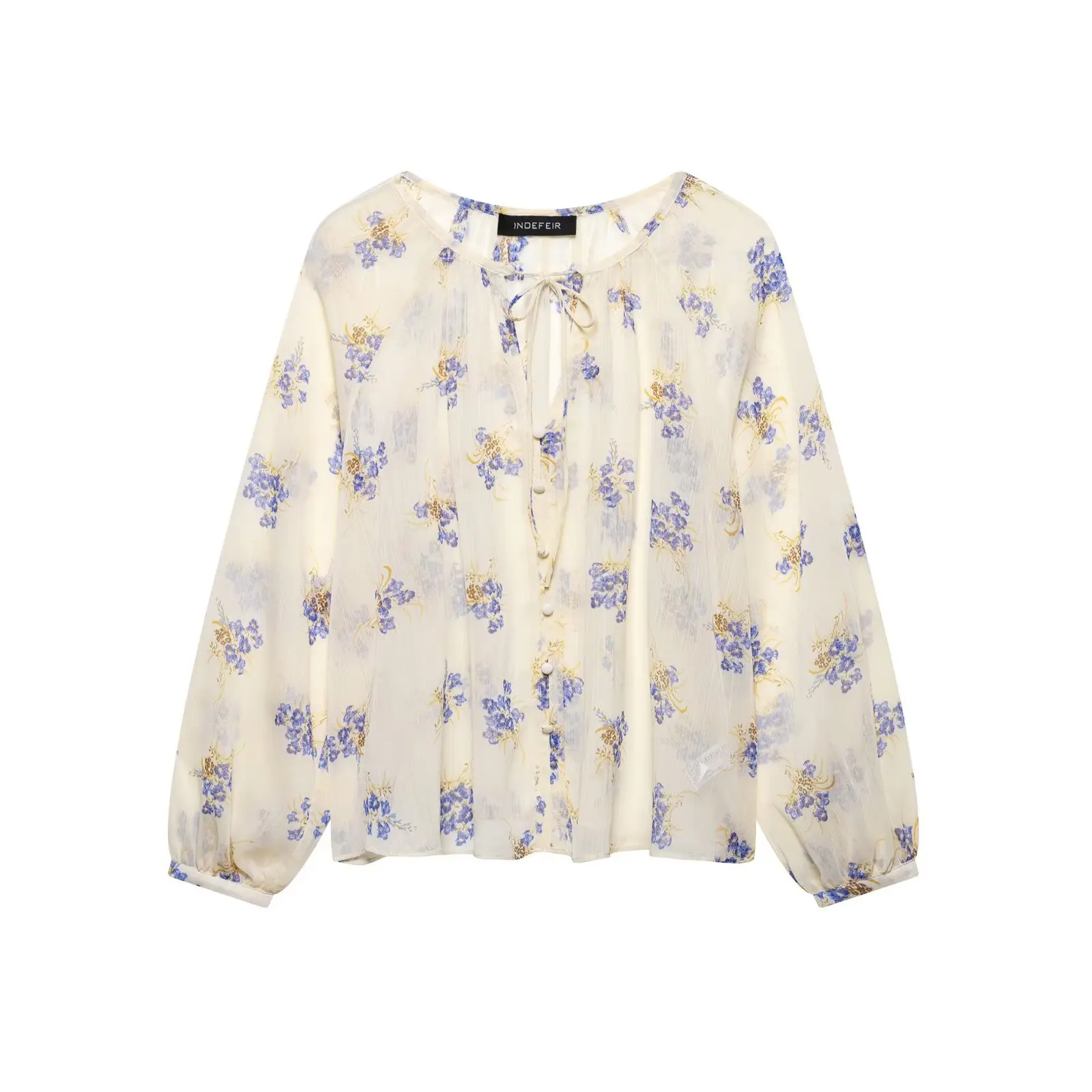 

2025 Spring Summer New Classic Flower Printed Women Semi Transparent Shirt Simple Round Neck Female Long Sleeve Blouses