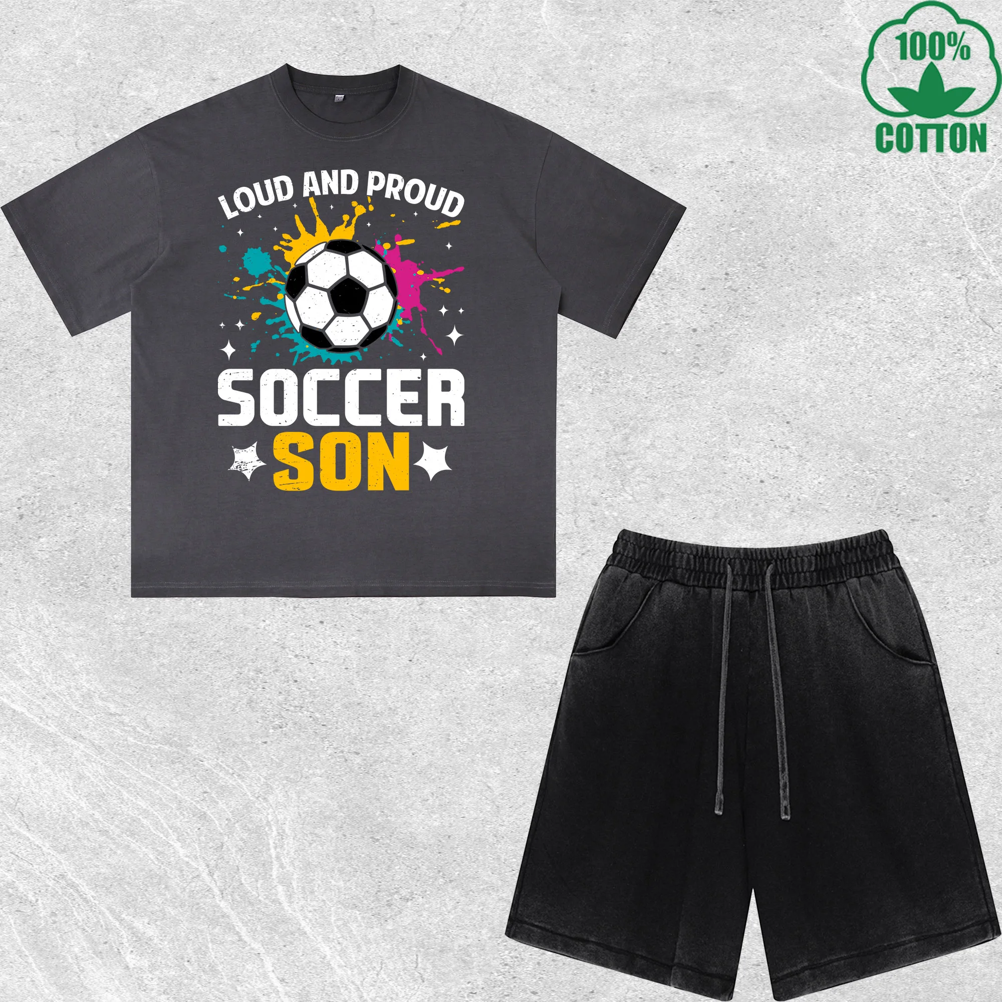 

Loud and Proud Soccer Printed Dirty Wash T-Shirt Shorts Set Multicolor Combo Loose Trendy Fashionable 100%Cotton
