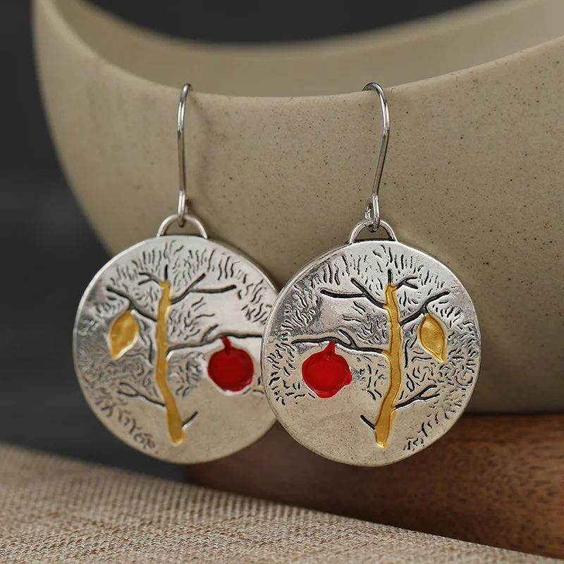 Vintage-Ohrringe für Damen mit Apfelbaum-Muster, runde Hakenohrringe, geprägt mit farbiger Glasur, ländliche künstlerische Atmosphäre, Ohrschmuck