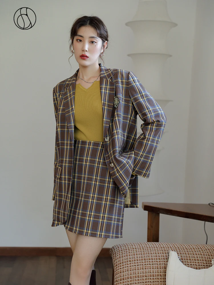 DUSHU Office Lady Loose Women's H-shaped Retro Plaid Suit Jacket Fall 2021 New Design Sense Side Slit Suit Women Skirt