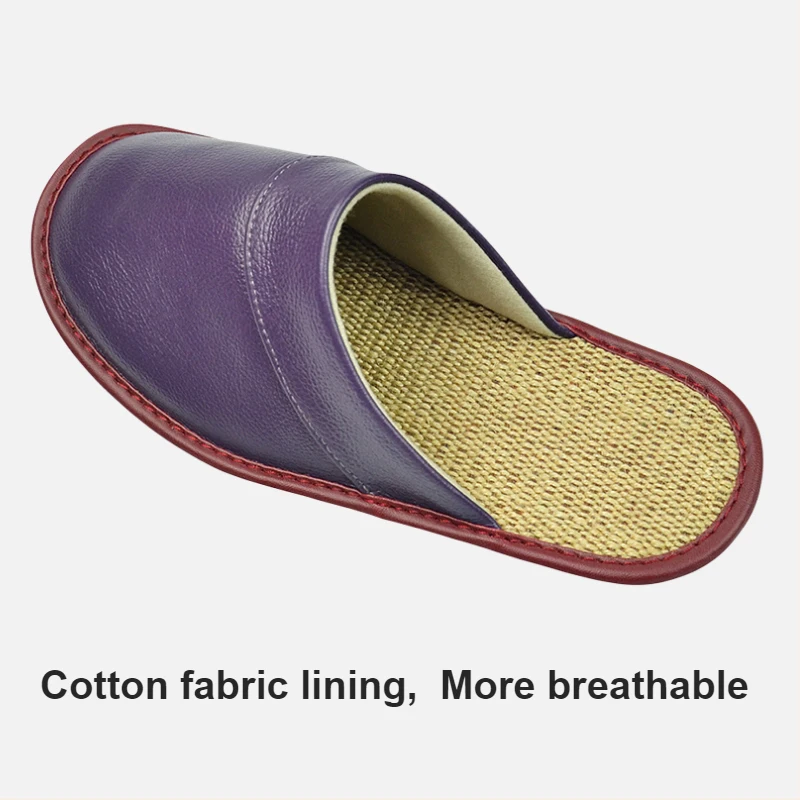 Genuine Cow Leather Linen Slippers Homes in indoor slipper Spring Autumn men women elderly non-slip casual single Slides shoes