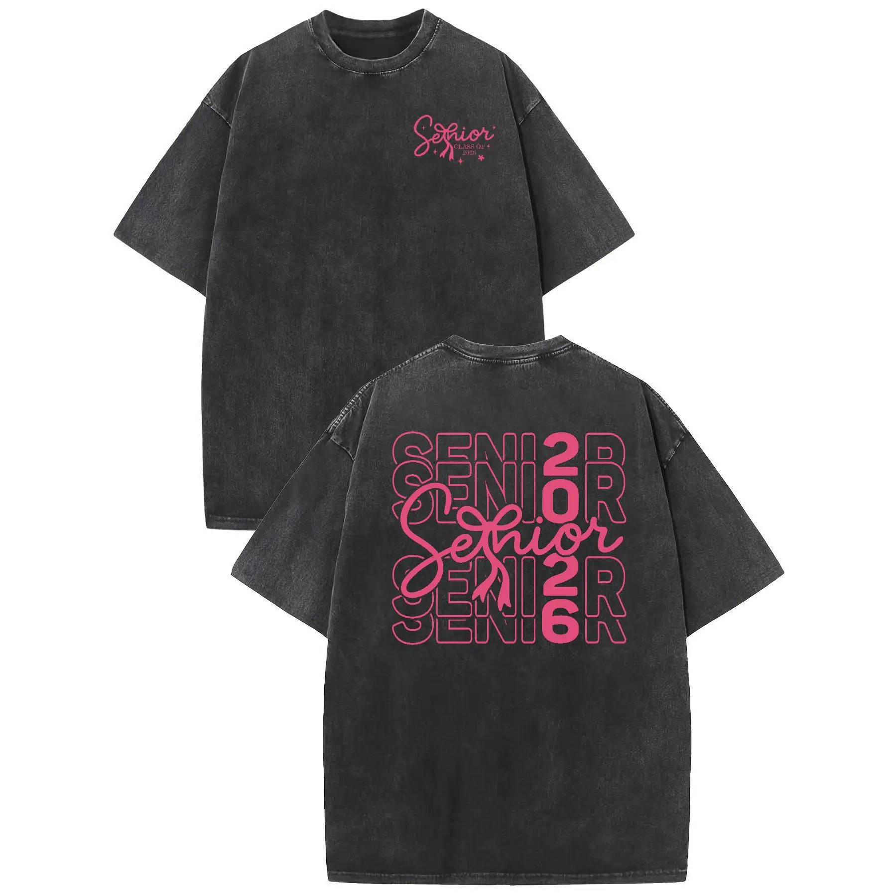 

Vintage Washed Senior 26 T-Shirt, Y2K Style Graphic Tees, Oversized Back Print Loose Tops for College Class of 2026