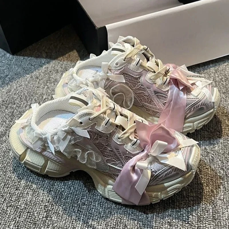 Women's Satin Bow Lace Ruffle Trim Backless Mule Platform Dad Shoes Mesh Lace Up Height Increasing Casual Shoes Drop Shipping