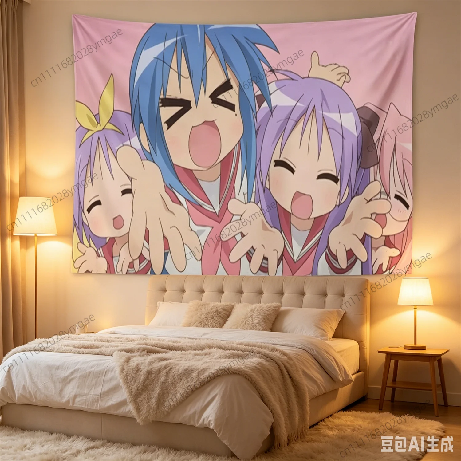 Kawaii Anime Lucky Star Wall Tapestry Cute Girl Pink Flag Bedroom Cartoon Tapestries Dorm Sweet Background Cloth Home Room Decor