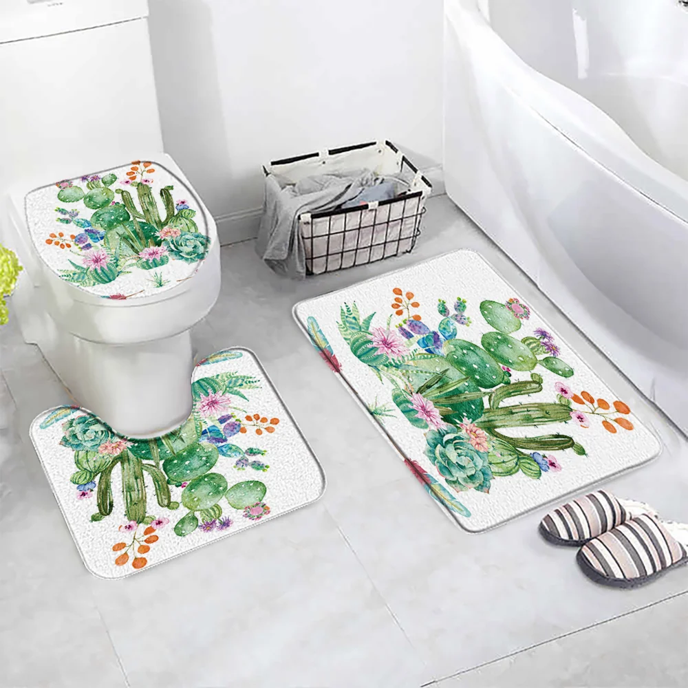 

Cactus Plant Flower Bath Mat 3pcs Floral Koi Ink Painting Anti Slip Home Decor Bathroom Rugs And Mat Bathroom Accessories Sets