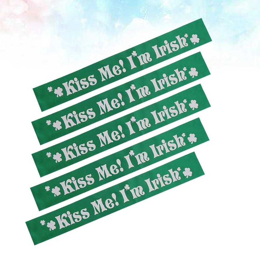 5 uds. De fajas de fiesta verdes, correas de hombro con estampado de letras de trébol de satén para suministros festivos para fiestas del Día de San Patricio