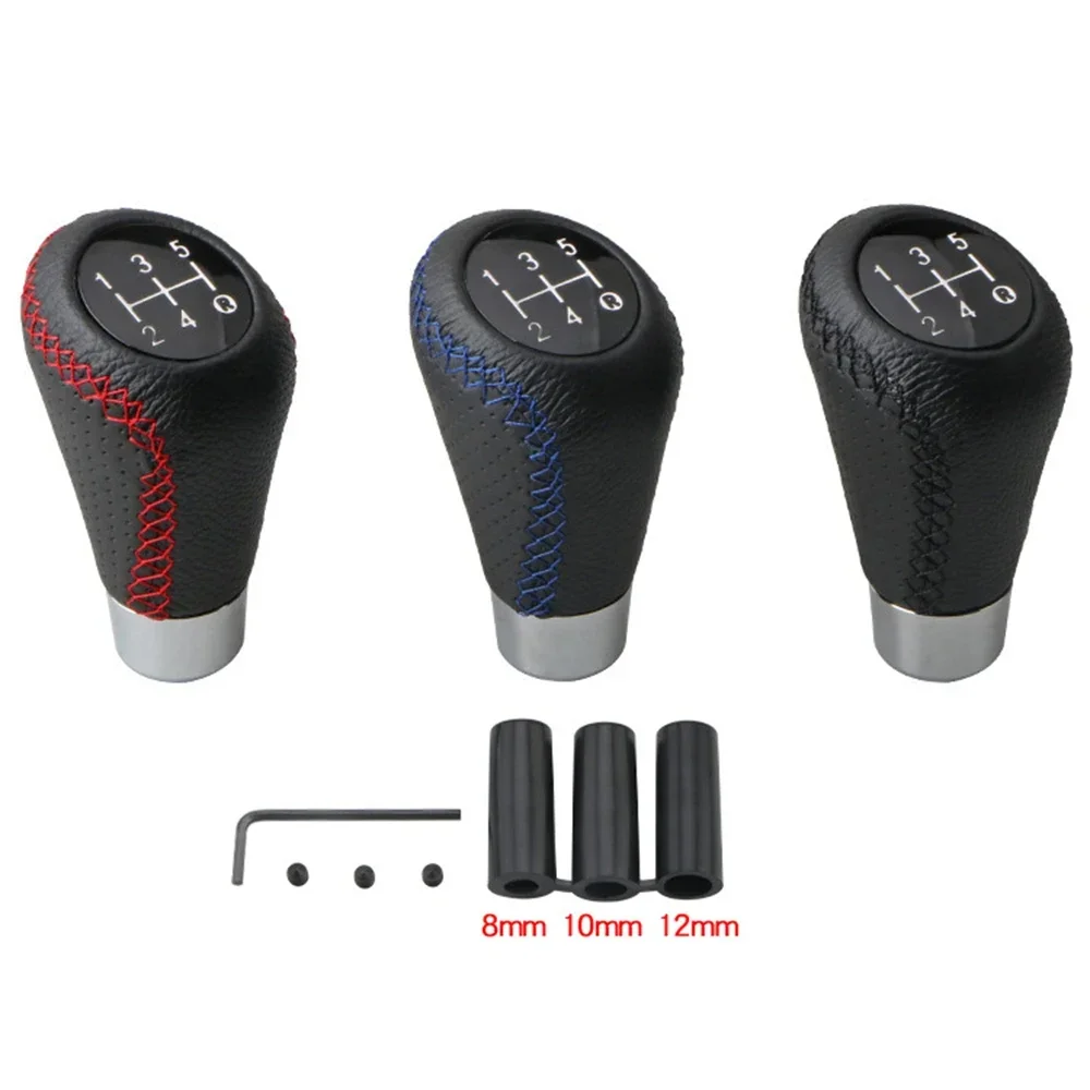5 Speed Car Manual Leather Red Stitch Gear Stick Shift Knob Shifter Lever Pen Replacement Gearstick Car Interior Parts AT MT