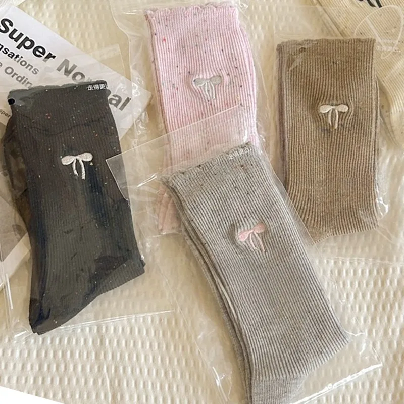 2024 New Korean Women's Autumn and Winter Lace Cotton Socks Point Yarn Bow Embroidery with Small Leather Shoes Stacking Socks