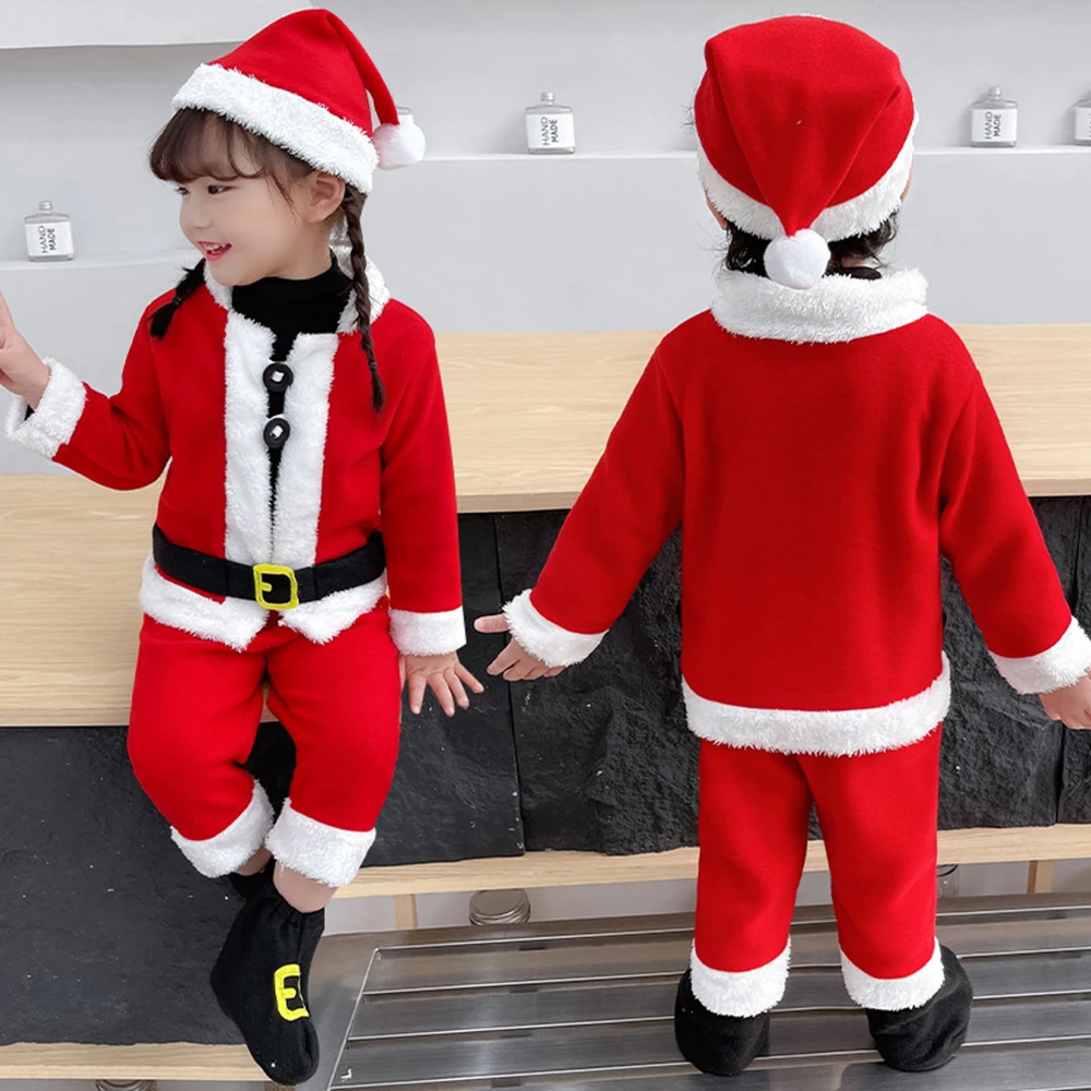 Kids Santa Claus Costume Children's Deluxe Flannel Santa Outfits Girls And Boys Christmas Festival Cosplay Xmas Santa Claus Suit