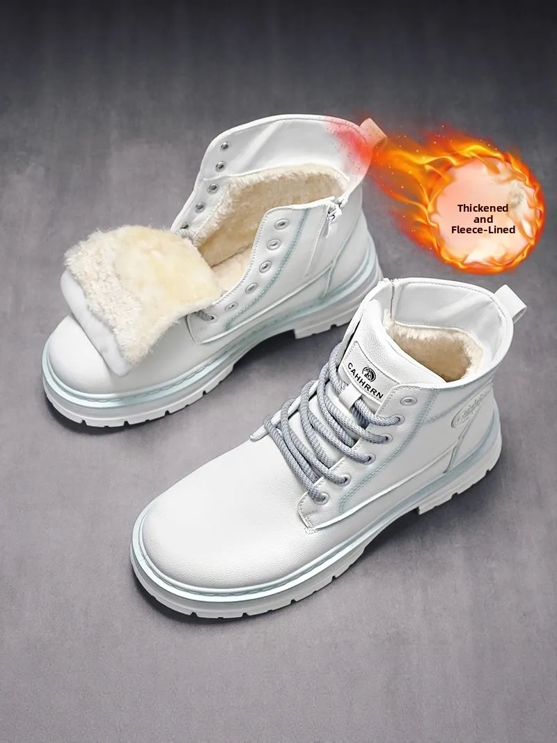 

Men's Winter Thickened Fleece Lined Boots Leather Fur Integrated Snow Boots Casual Mid-Calf Boots Warm Thick Bottom