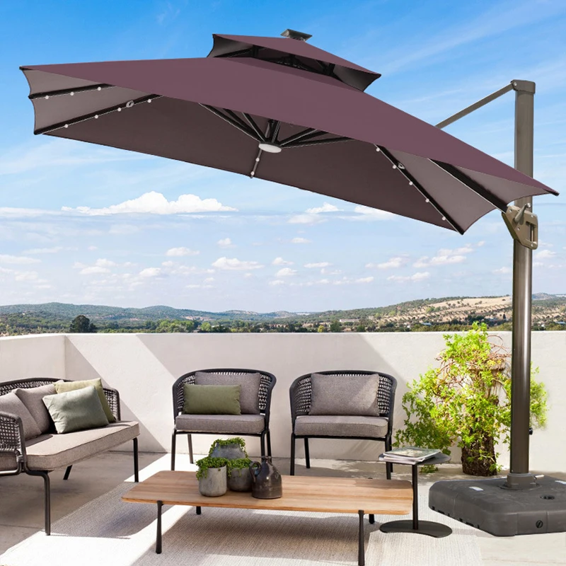 Outdoor Parasol Large Roman Umbrella with Aluminum Stand Waterproof LED Light for Courtyard & Hotel Use