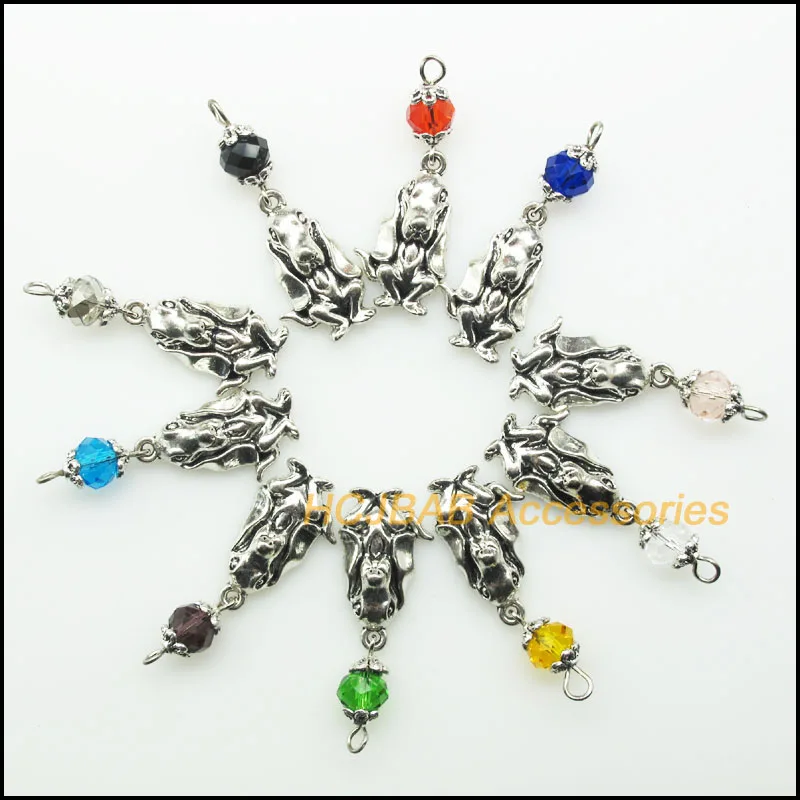 10 New Lovely Animal Dog Charms Tibetan Silver Plated Pendants Mixed Round Crystal 15x25mm