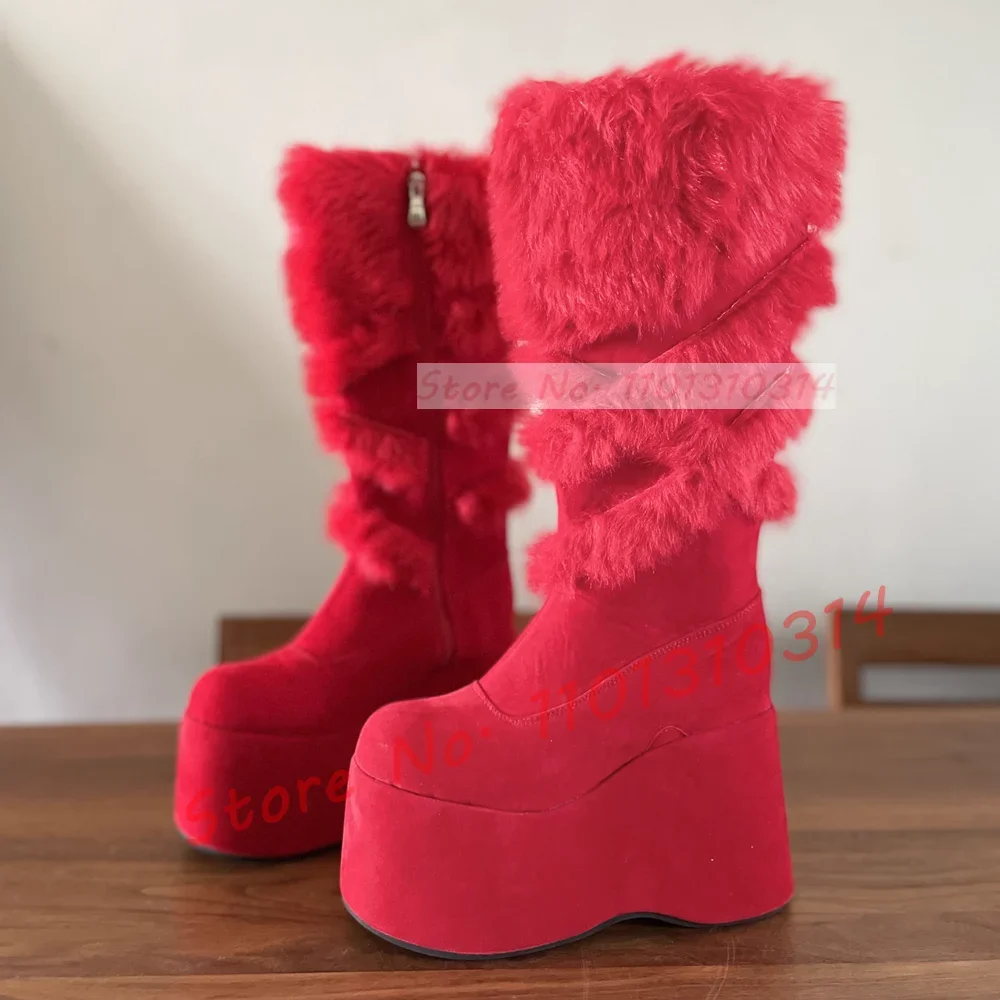 Hot Pink Thick-sole Furry Knee Boots Women Chic Round Toe Sweet Girly Lolita Shoes Winter Ladies Red Fur Party Big Size Boots - view 4