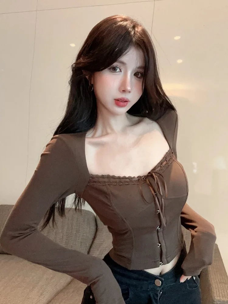 

Spicy Girl Design Square Collar Long Sleeve T-Shirt Women's Autumn Winter Pure Desire Slim Fit Backless Ruffle Short Top