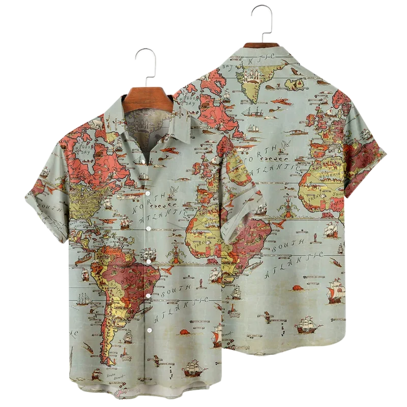 Summer Men's Shirts World Map Digital Print Oversized Buttons Short Sleeves Loose Casual Slim Fit Shirts Fashion Clothes