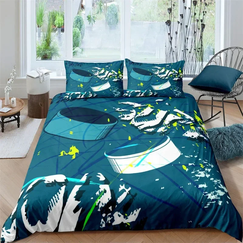 Ice Hockey Duvet Cover Full Queen Size Hockey Sport Player Bedding Set Winter Extreme Sport Game Comforter Cover for Boys Teens