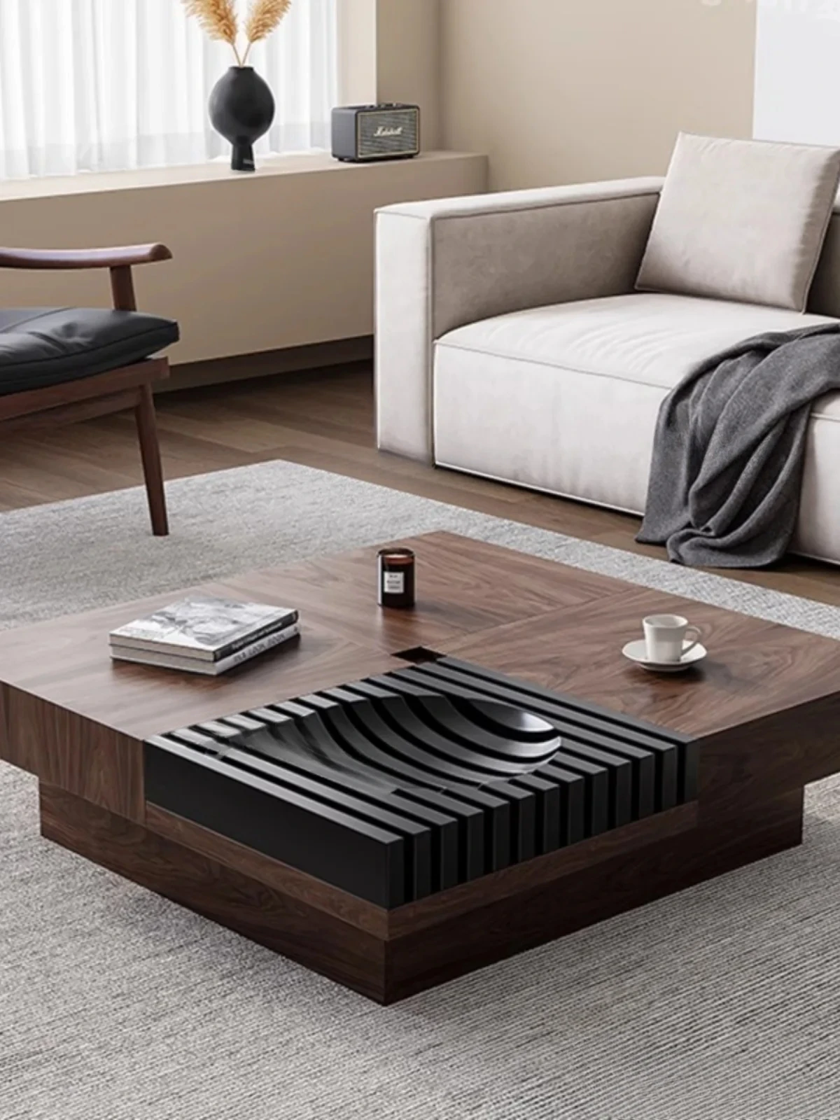 Para mesa de thé italienne color noyer noir, rangement carré en bois massif, mesa de salón simple para la maison