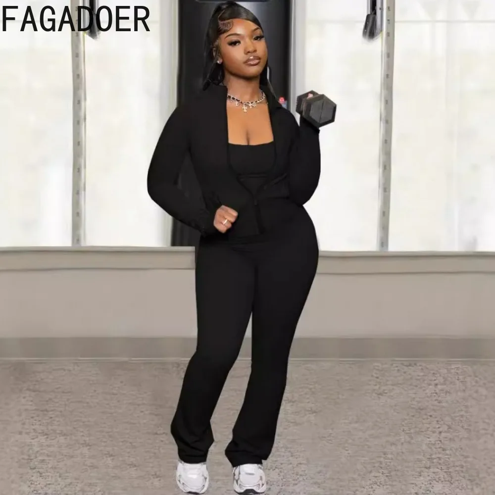 FAGADOER Casual Sporty Two Piece Sets Tracksuits Women Zip Jacket + Strap Jumpsuits and Autumn Winter Jogger Fitness Streetwear